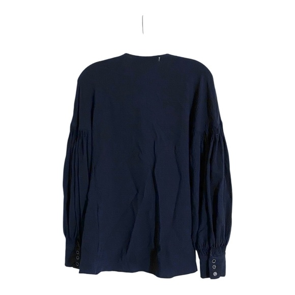 Teija Navy Blue Frill Blouse Button Front Long Puff Sleeves Silk Seersucker 16 - Picture 7 of 9